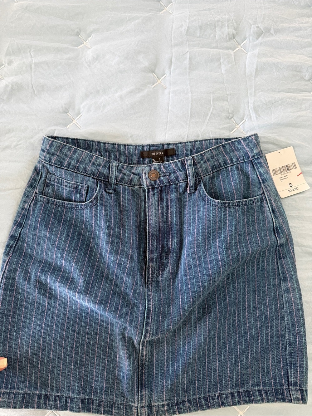 Forever 21 Blue Denim High-Rise Skirt with Pink Pinstripes